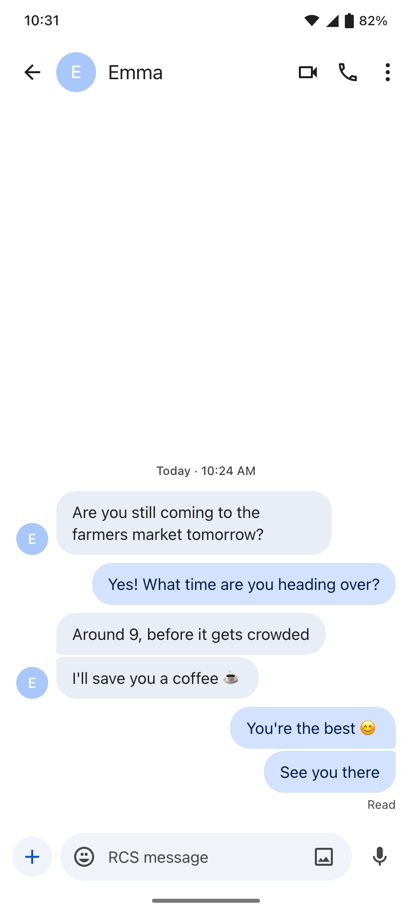 A fake Android text message conversation in Google Messages with grouped bubbles, a contact initial and a Read receipt