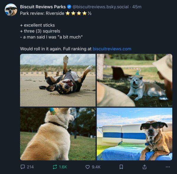 A fake Bluesky post from a dog reviewing parks, with a grid of four photos in dim mode