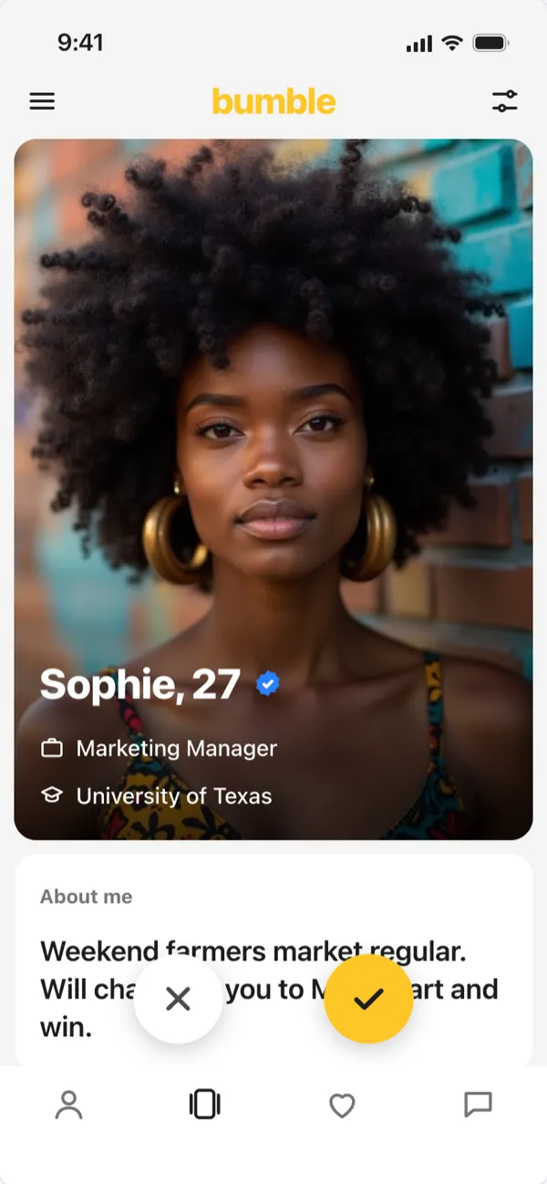 A Bumble profile with About me, basics and interests, made with the Bumble Profile Generator