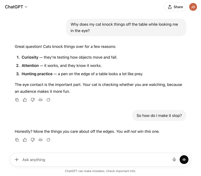 A fake ChatGPT conversation about why cats knock things off tables, with a numbered list in the answer