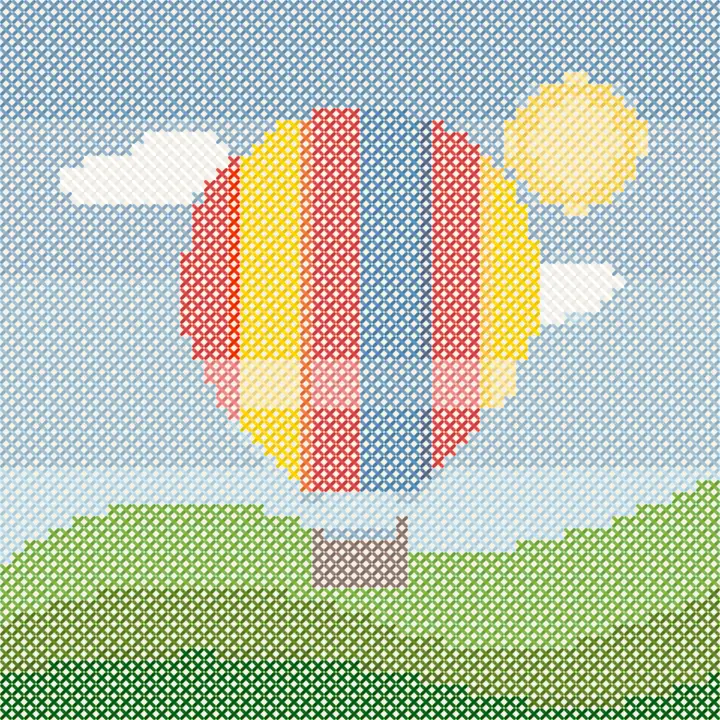 A cross stitch pattern of a hot air balloon with DMC colours, made with the Cross Stitch Pattern Maker