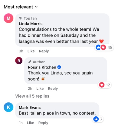 A fake Facebook comment thread with a Top fan comment, a reply from the business page and Like and Love reactions