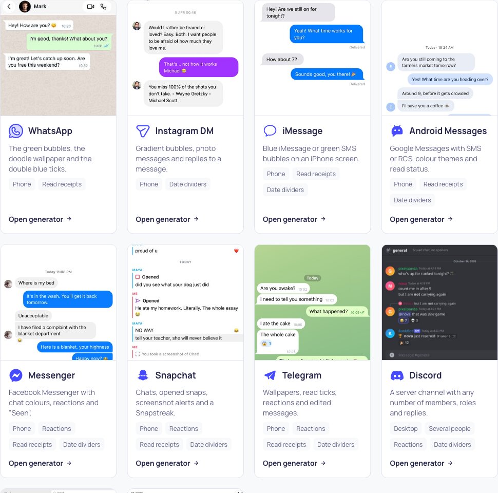 The Fake Chat Generator page with cards for WhatsApp, Instagram DM, iMessage, Android Messages and other chat apps