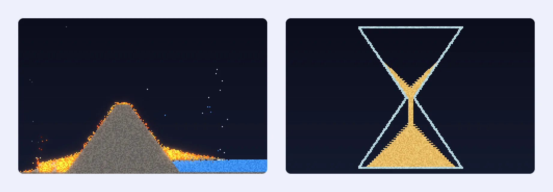 Falling sand simulator: glowing lava pouring down a volcano into a lake, and sand running through an hourglass
