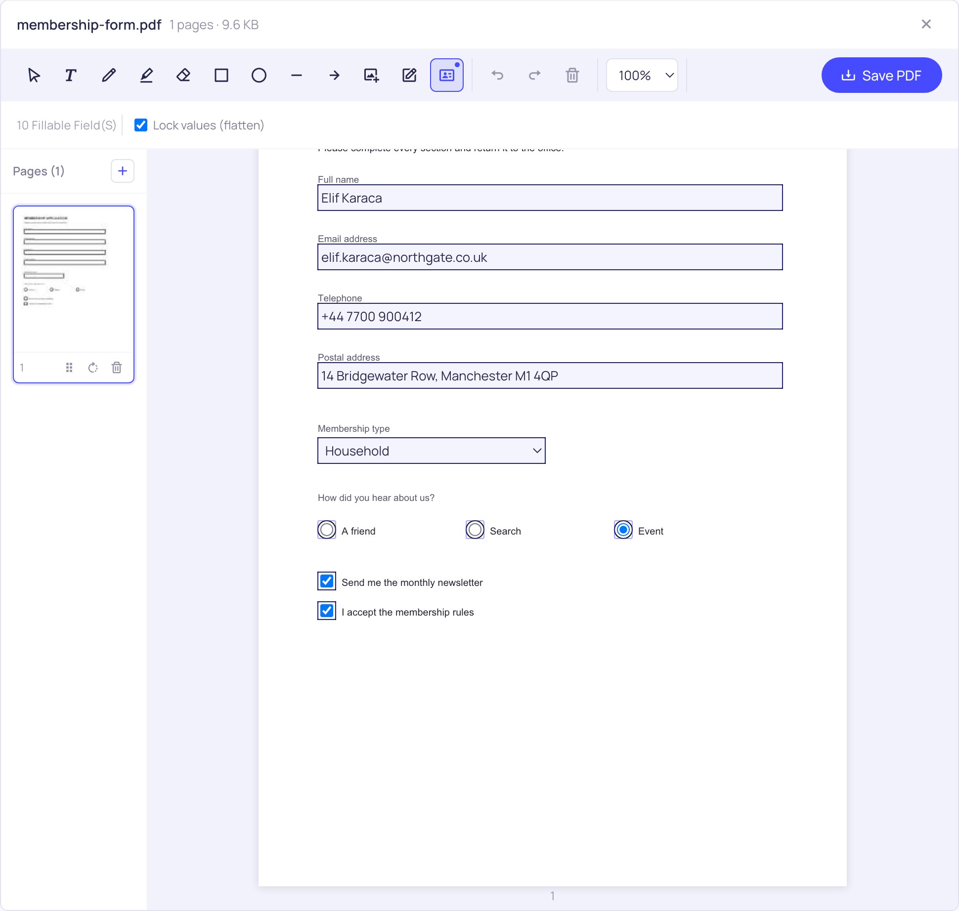 Choosing whether to keep a completed PDF form fillable or lock the values in