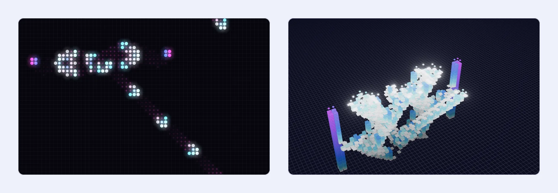 Conway's Game of Life: a Gosper glider gun firing glowing gliders in 2D, and the same run in 3D as a time tower with generations stacked in layers