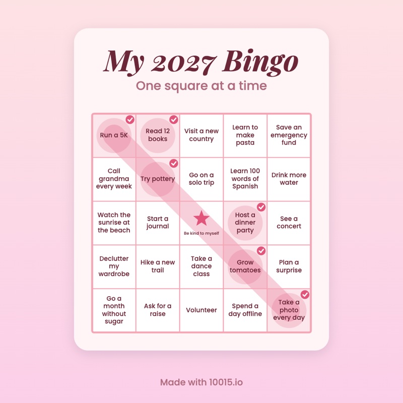A 2027 goals bingo card with 24 goals and a free space, made with the Goals Bingo Card Maker