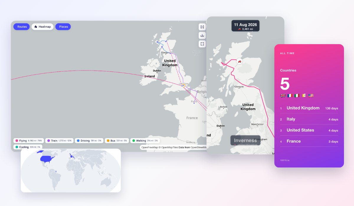 A Google Maps Timeline shown as a map of routes coloured by how they were travelled, with a travel video and story cards