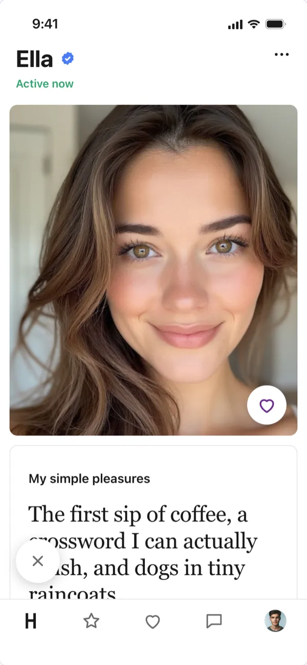 A Hinge profile with a prompt card, made with the Hinge Profile Generator