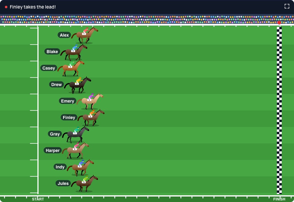 A horse race simulator with horses named after a list of people, jockeys in different colours, made with the Horse Race Simulator