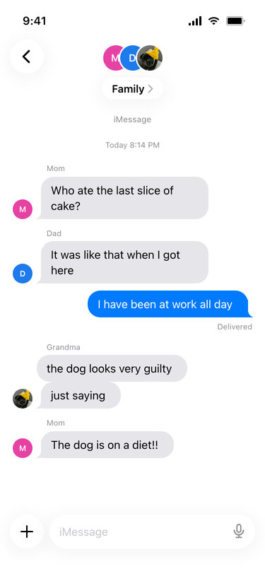 A fake iMessage family group chat about who ate the last slice of cake, with member names and photos