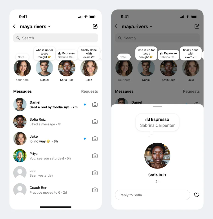Two fake Instagram Notes screenshots: the notes tray above the DM inbox with text and music notes, and an opened note with the reply field