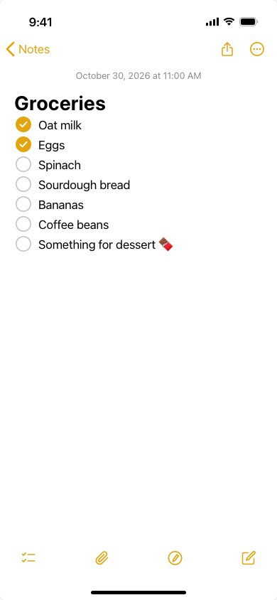 A fake iPhone Notes app screenshot made with the iPhone Notes App Generator, with a title and a checklist