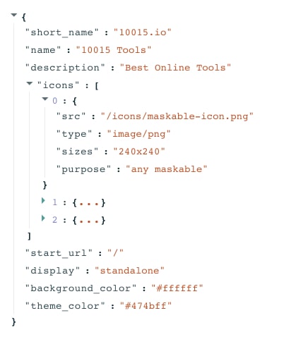 JSON Tree View Example for manifest.json file