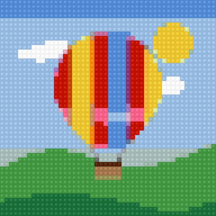 A brick mosaic of a hot air balloon in LEGO colours, made with the LEGO Mosaic Maker