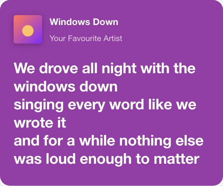 A lyrics card made with the Lyrics Card Generator, with the song cover, title, artist and lyrics on a colour from the cover