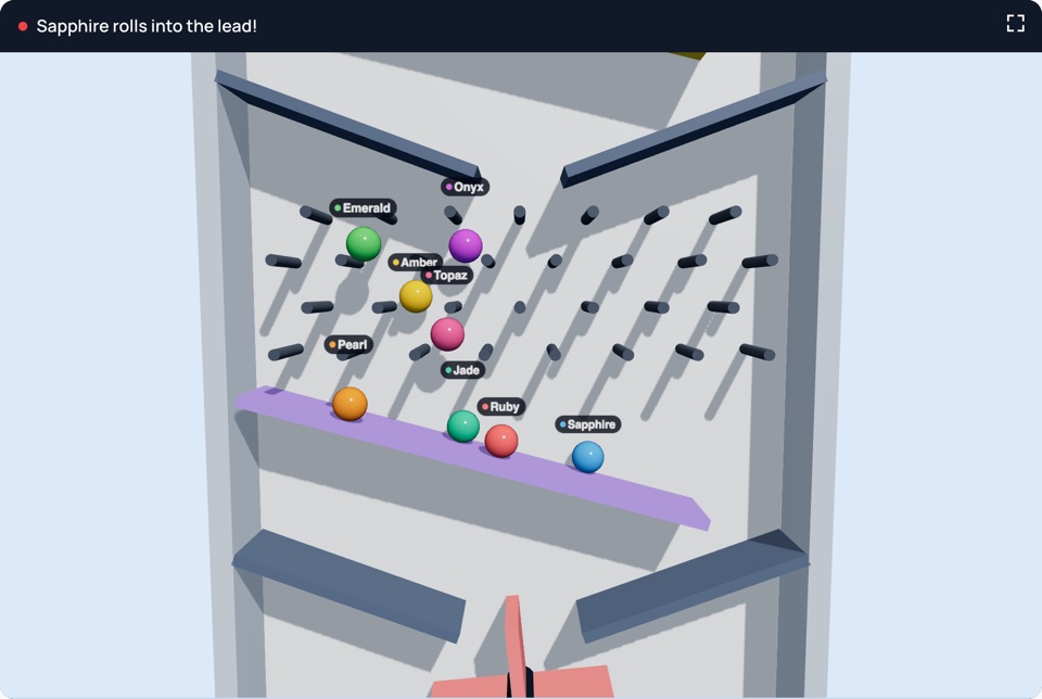 A 3D marble race with named marbles rolling down ramps and pegs, made with the Marble Race Generator