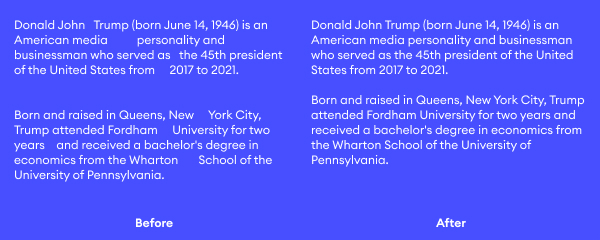 Before & After of a Cleared Text from Multiple Whitespaces