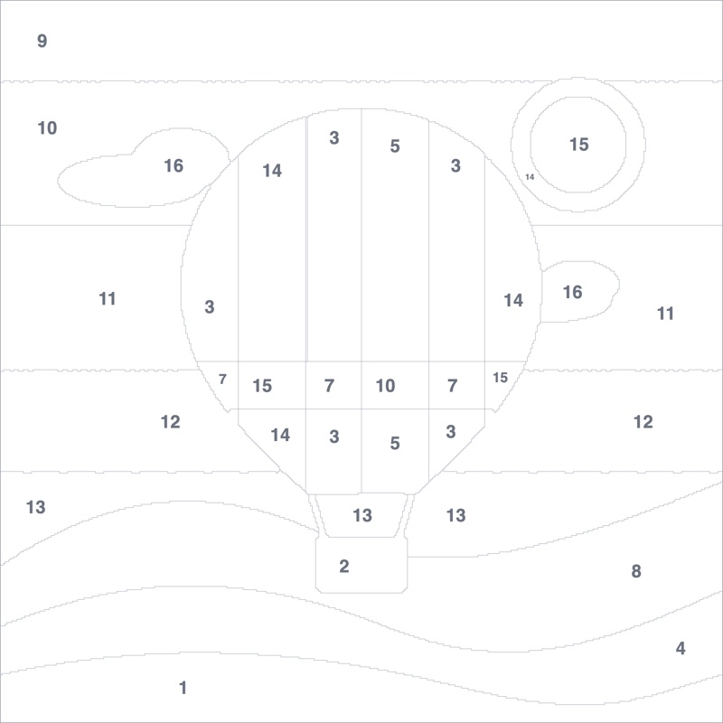 A paint by numbers canvas of a hot air balloon with numbered areas, made with the Paint by Numbers Generator