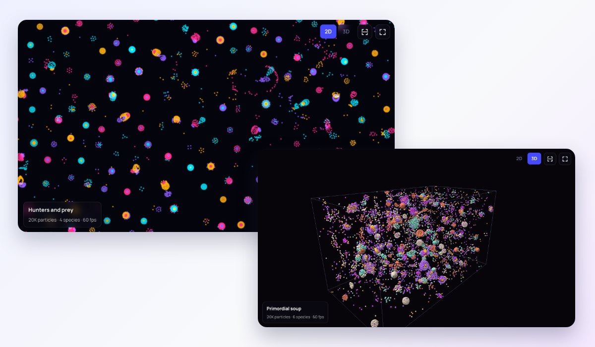 Particle Life Simulator with glowing particles gathered into cells and worms, in 2D and in 3D