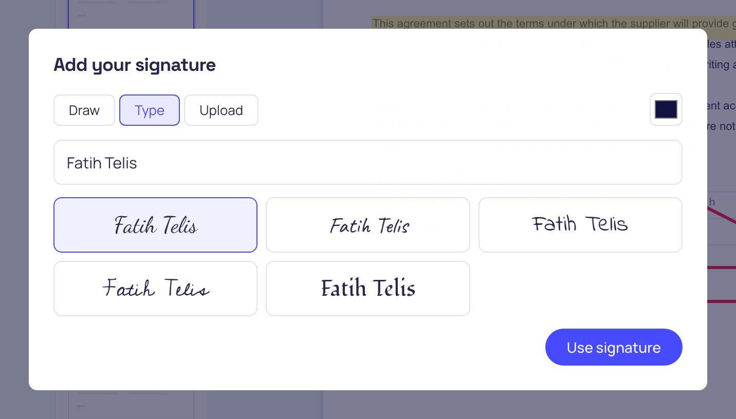 Creating a typed signature in a handwriting font in the PDF editor