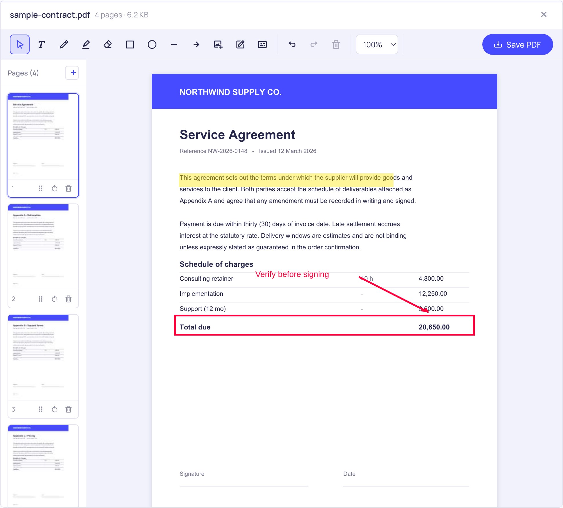 Annotating a contract with highlight, a red box, an arrow and a text note in the online PDF editor