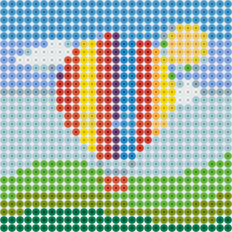 A hot air balloon turned into a Perler bead pattern on a pegboard, made with the Perler Bead Pattern Maker