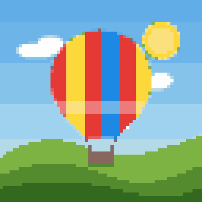 A picture of a hot air balloon turned into 64 × 64 pixel art, made with the Pixel Art Converter