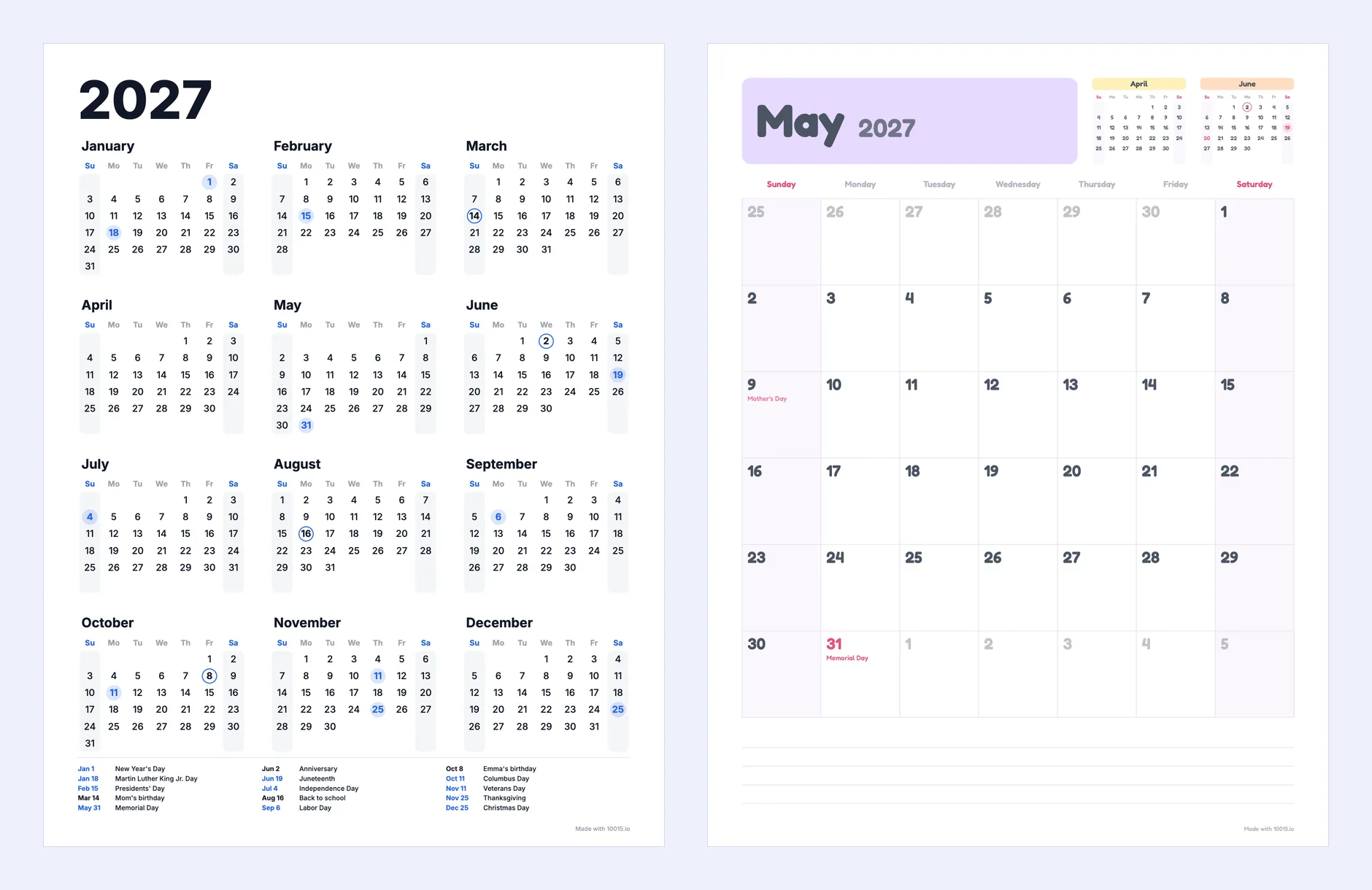 A printable 2027 yearly calendar on one page with holidays listed underneath, next to a monthly page with a photo and holidays written in the days