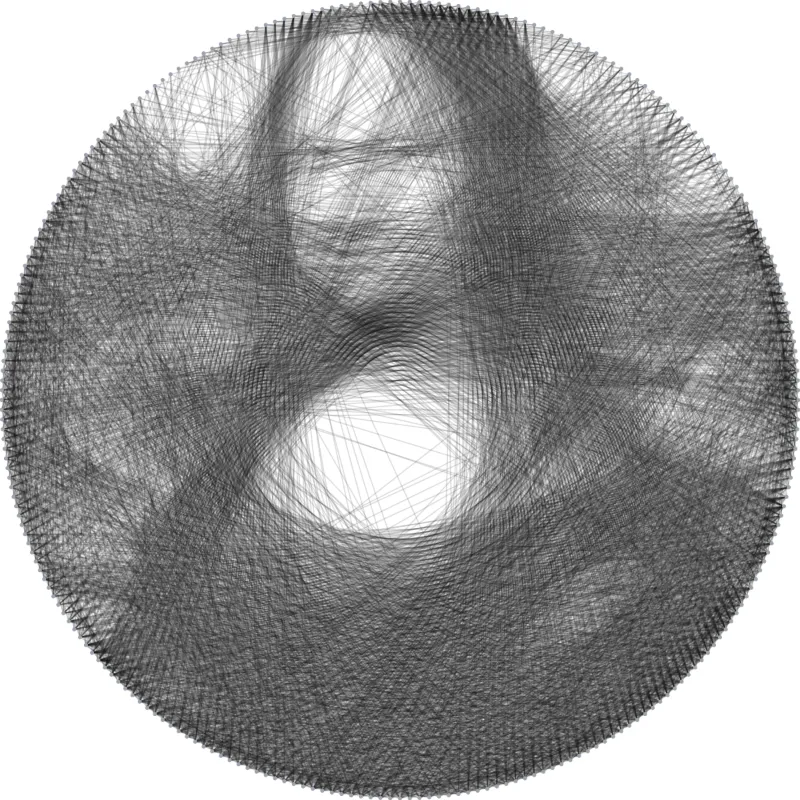 String art of the Mona Lisa made from 4,000 passes of one thread around 256 nails, made with the String Art Generator