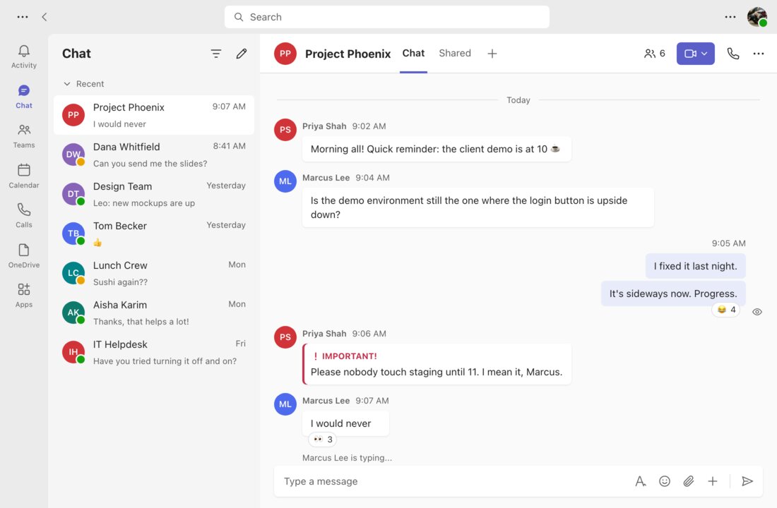 A fake Microsoft Teams group chat about a demo environment with an upside-down login button