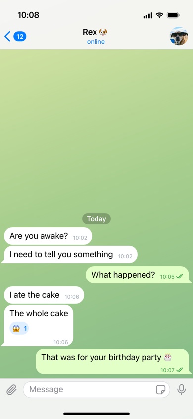 A fake Telegram chat in which a dog called Rex, wearing sunglasses in its profile photo, confesses to eating the whole birthday cake
