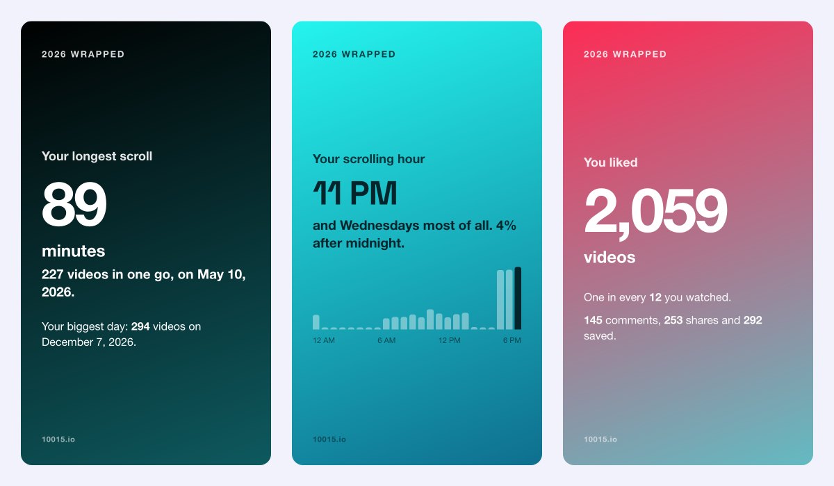 TikTok Wrapped story cards showing videos watched, the longest scroll and the scrolling hour
