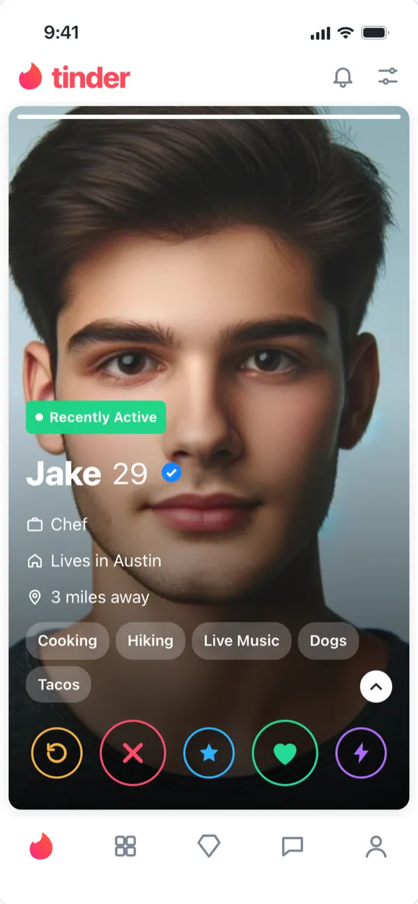 A Tinder profile card with name, age and passions, made with the Tinder Profile Generator