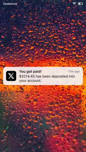 A generated Twitter "X" ad revenue notification screenshot