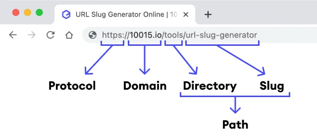 Components of an URL including protocol, domain, path, directory, slug