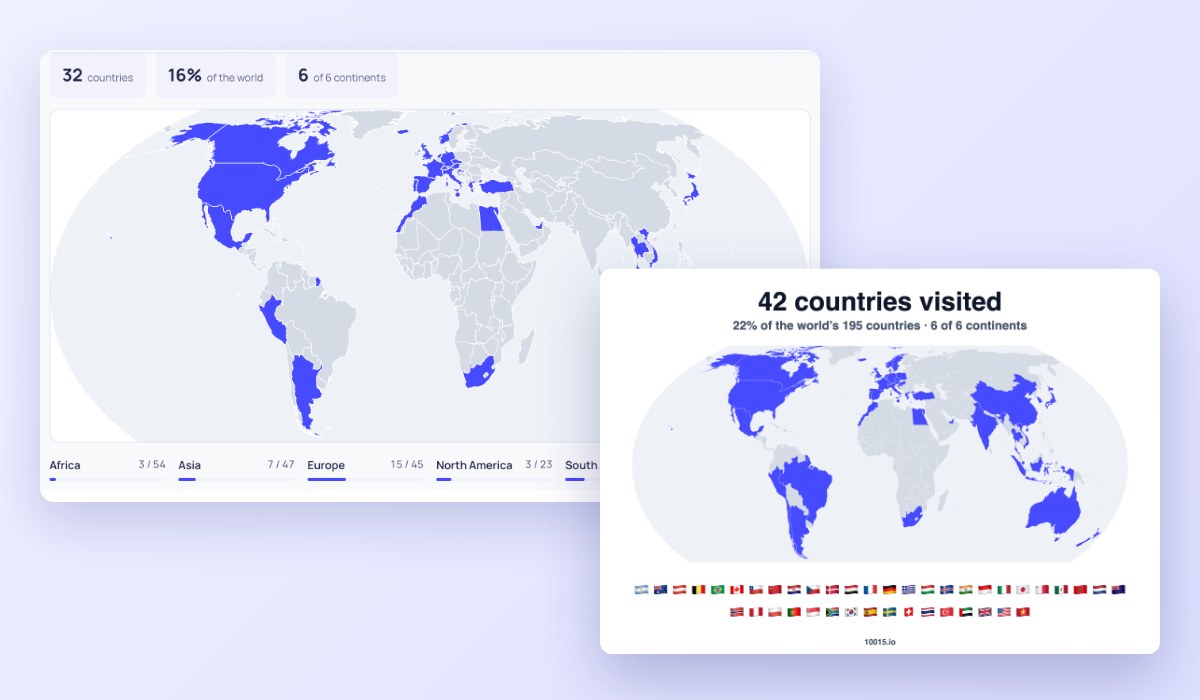 A world map with the visited countries coloured in, the count by continent and a travel poster
