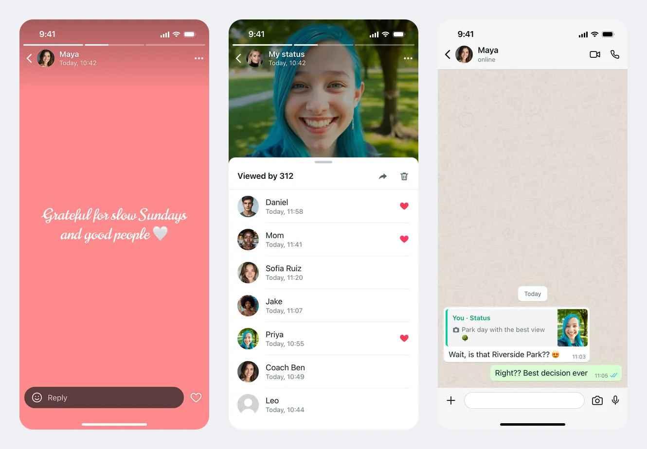 Three fake WhatsApp status screenshots: a text status, the Viewed by list with likes, and a status reply in a chat