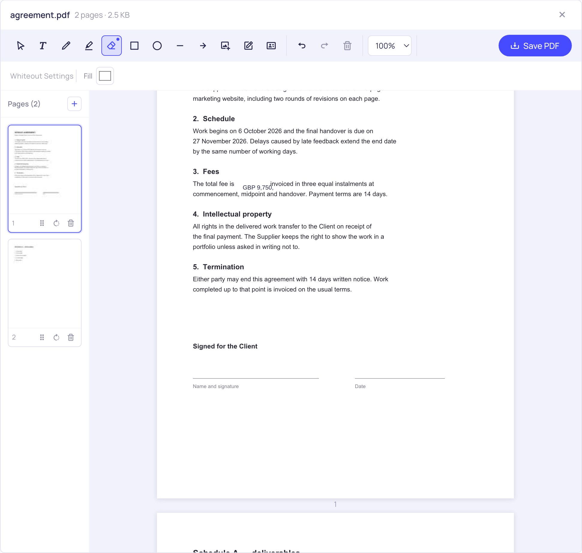 Covering an outdated line in a PDF with a white block and typing the correction over it