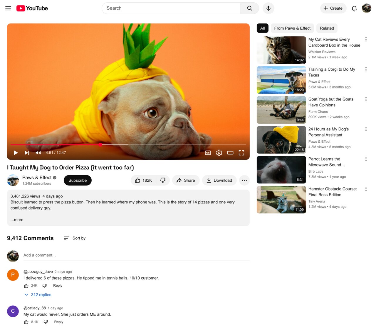 A fake YouTube watch page for a video about a dog who orders pizza, with comments and recommended videos
